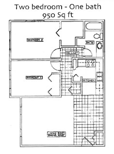 Floor plan for 2 beds, 1 bath, 950 sqft